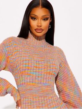 Fashion Nova Multicolor Pastel Ribbed Turtleneck Sweater Dress